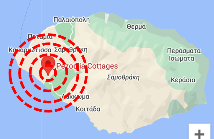 Map of Samothrace with the Pezoulia Cottages position on it